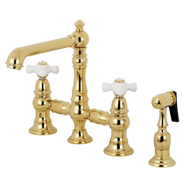KS7272PXBS English Country 8" Bridge Kitchen Faucet W/ Sprayer, Brass